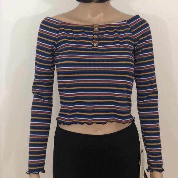 New No Comment Long Sleeve Striped Crop Top - Picture 2 of 12